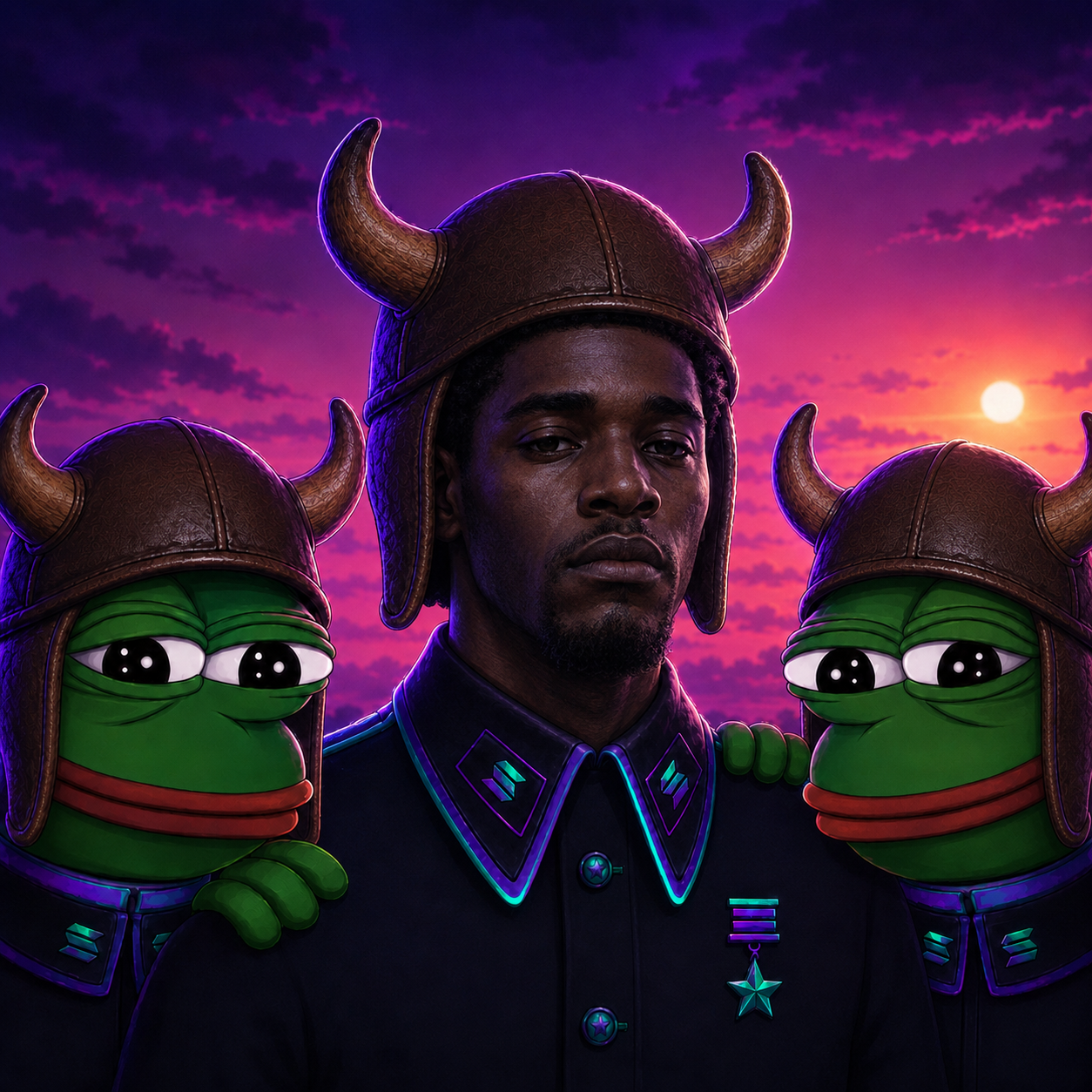 SOLbull commander in a horned helmet flanked by two Pepe soldiers under a purple Solana sunset