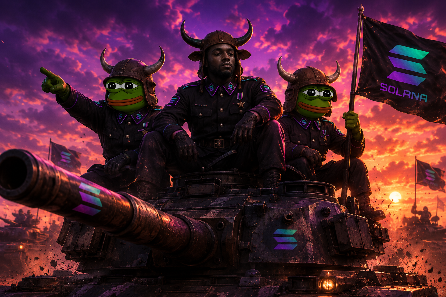 SOLbull warriors riding a tank at sunset with the Solana flag